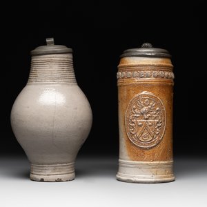 Two stoneware jugs with pewter lids, one with a coat of arms and dated 1636, Germany, 17th C. — photo 2