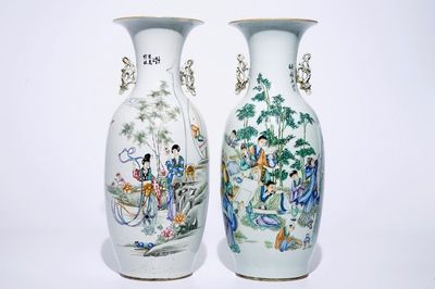 Two tall Chinese famille rose vases with calligraphy, 19/20th C.