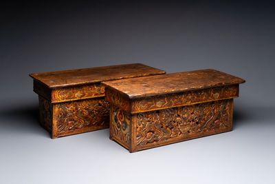 Two Tibetan polychromed wooden folding tables with dragon design, 19/20th C.