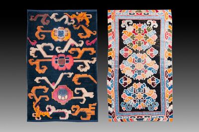 Two Tibetan woollen rugs with floral design, 19th C.