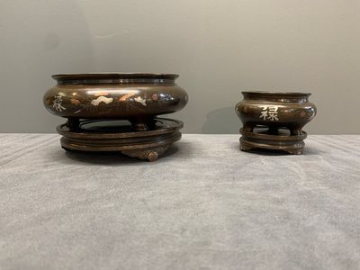 Two Vietnamese silver-inlaid bronze censers on stand, Đức Từ 德祠 mark, 19th C. — photo 2