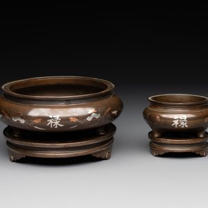 Two Vietnamese silver-inlaid bronze censers on stand, Đức Từ 德祠 mark, 19th C. — photo 1