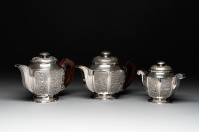 Two Vietnamese silver teapots and a sugar bowl and cover, marked Donghung, ca. 1900
