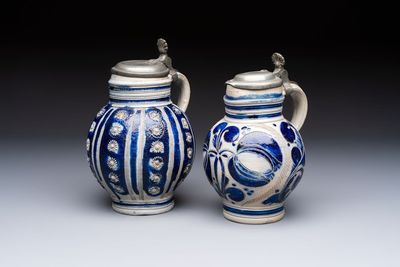 Two Westerwald tankards with mounted pewter lids, one lid dated 1757, Germany, 18th C.