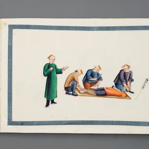 Un album de douze peintures sur papier de riz à décor de scènes de punition, Canton, Chine, 19ème — photo 8