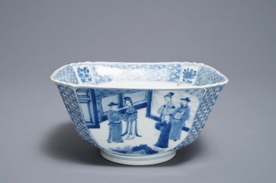 Un bol de forme carré en porcelaine de Chine bleu et blanc, marque de Chenghua, Kangxi