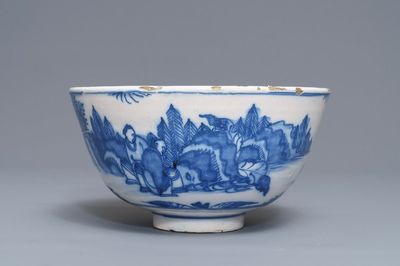 Un bol en faïence de Delft en bleu et blanc à décor de chinoiserie, 17ème