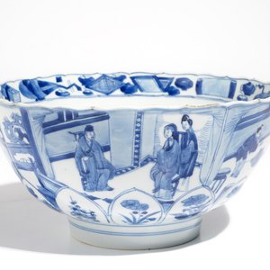 Un bol en porcelaine de Chine bleu et blanc moulé en forme de lotus, marque de Xuande, Kangxi — photo 7