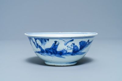 Un bol en porcelaine de Chine en bleu et blanc à décor de Wang Xizhi, époque Transition