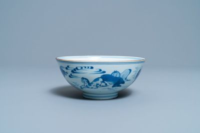 Un bol en porcelaine de Chine en bleu et blanc à décor des 'Huit chevaux de Mu Wang', marque de Jiajing, Kangxi