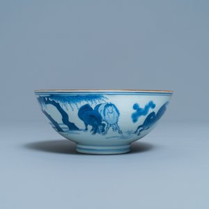 Un bol en porcelaine de Chine en bleu et blanc à décor des 'Huit chevaux de Mu Wang', marque de Jiajing, Kangxi — photo 5