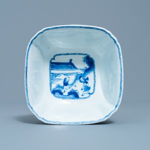 Un bol en porcelaine de Chine en bleu et blanc figurant une dame et son chat, marque et époque de Kangxi — photo 5