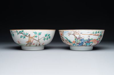 Un bol en porcelaine de Chine surdécoré aux Pays-Bas et un bol famille rose de Canton à décor mandarin, Qianlong
