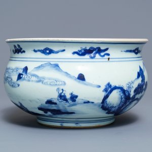Un brûle-parfum en porcelaine de Chine bleu et blanc à décor de figures dans un paysage, Kangxi — photo 1