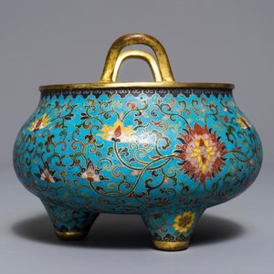 Un brûle-parfum tripod en émaux cloisonné, marque de Qianlong, Chine, 18/19ème — photo 2