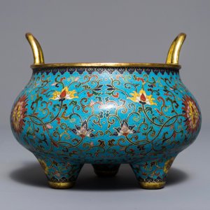 Un brûle-parfum tripod en émaux cloisonné, marque de Qianlong, Chine, 18/19ème — photo 3