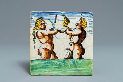 Un carreau en faïence de Delft polychrome à décor d'un Triton et d'une sirène, Rotterdam, 1er quart du 17ème