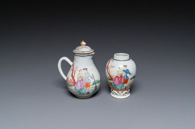 Un crémier et une boîte à thé en porcelaine de Chine famille rose à sujet européen, Qianlong