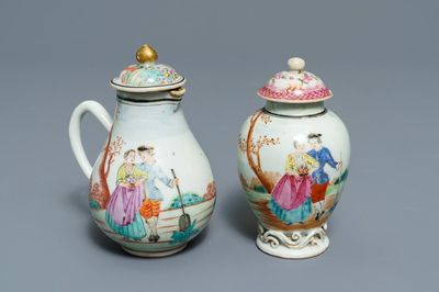 Un crémier et une boîte à thé en porcelaine de Chine famille rose à sujet européen, Qianlong