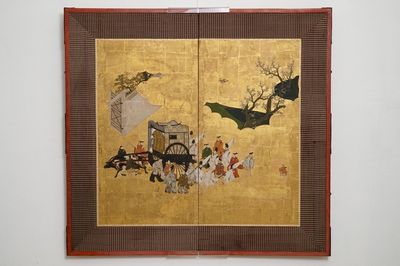 Un écran byobu à deux feuilles à décor de voyageurs dans un paysage, Japon, Edo, 17/18ème
