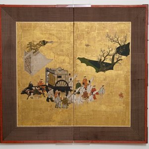 Un écran byobu à deux feuilles à décor de voyageurs dans un paysage, Japon, Edo, 17/18ème — photo 1
