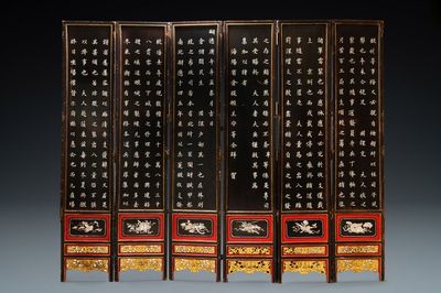 Un écran de six feuilles en bois incrusté de nacre, Chine pour le marché Straits ou Peranakan, 19ème
