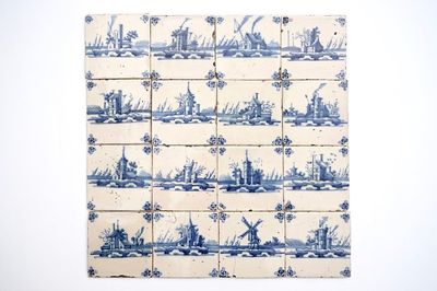 Un ensemble de 16 carreaux en faïence de Delft bleu et blanc aux paysages, 18ème