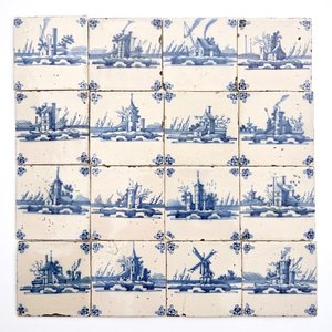 Un ensemble de 16 carreaux en faïence de Delft bleu et blanc aux paysages, 18ème — photo 1