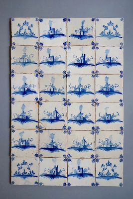 Un ensemble de 24 carreaux de Delft du 18ème siècle de l'atelier Pulinckx à Bruges