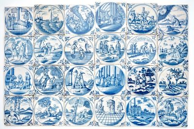 Un ensemble de 24 carreaux en faïence de Delft bleu et blanc aux sujets religieux, 18ème