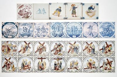 Un ensemble varié de carreaux, la plupart hollandais et aux sujets religieux, 18/20ème