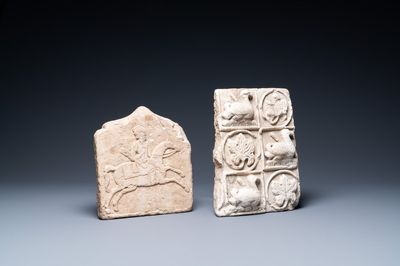 Un fragment d'un carreau en marbre à décor d'un cavalier et un en grès sculpté aux oiseaux et rinceaux floraux, Perse, 13ème et/ou après