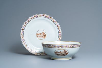 Un grand bol à punch et son plat en porcelaine de Chine famille rose d'exportation, Qianlong
