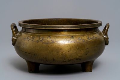 Un grand brûle-parfum en bronze incrusté d'argent et cuivre, Chine ou Vietnam, 19ème