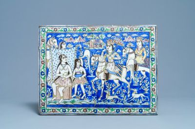 Un grand carreau de forme rectangulaire à décor d'un prince sur cheval, art qajar, Iran, 19ème