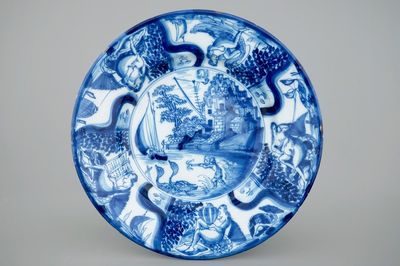 Un grand plat en faïence de Delft au décor d'une chausse aux canars, fin du 17ème