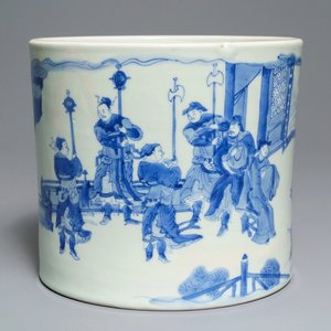 Un grand pot à pinceaux en porcelaine de Chine bleu et blanc, époque Transition — photo 1