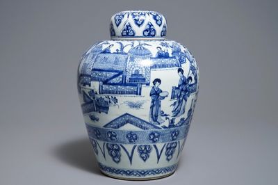 Un grand pot couvert en porcelaine de Chine bleu et blanc, Kangxi