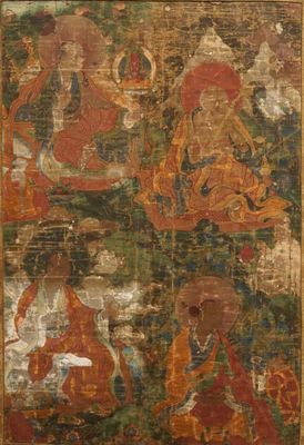 Un grand thangka à décor de trois arhats, Sino-Tibet, 18ème