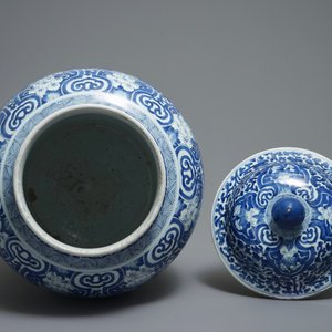 Un grand vase couvert en porcelaine de Chine bleu et blanc aux médaillons de paysages, Kangxi — photo 5