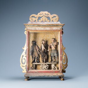 Un groupe en albâtre doré et polychromé représentant la 'Flagellation' dans une vitrine, Italie du Sud, 17ème — photo 1
