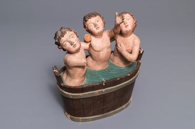 Un groupe en bois sculpté et polychromé 'Les enfants de Saint-Nicolas', 18ème