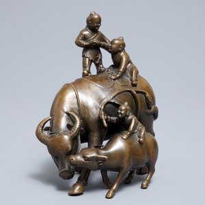 Un groupe en bronze de trois garçons sur deux buffles, Chine, 19ème — photo 8