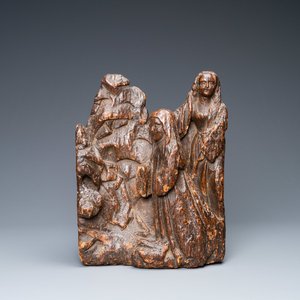Un groupe en chêne sculpté représentant deux femmes sur fond de paysage rocheux, vers 1500 — photo 1