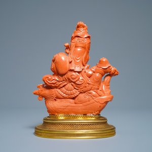 Un groupe en corail rouge figurant les sept divinités du bonheur sur un bateau de phénix, Japon, Meiji, 19ème — photo 4