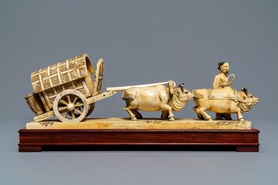 Un groupe en ivoire d'un chariot tiré par buffles, Chine, vers 1900