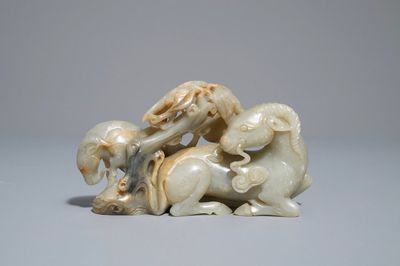 Un groupe en jade céladon figurant deux béliers, Chine, 18/19ème
