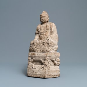 Un groupe en pierre sculptée figurant Bouddha sur un trône, Wei ou après — photo 1
