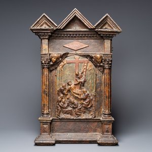 Un important retable figurant la 'Descente de croix' en bois sculpté et terre cuite polychromé, Italie, 1ère moitié du 16ème — photo 1