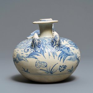 Un kendi en forme de deux canards en grès porcelaineux en bleu et blanc, Annam, Vietnam, 14/15ème — photo 3
